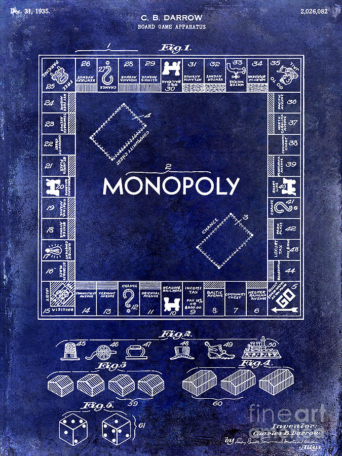Monopoly Photograph - 1935 Monopoly Patent Drawing Blue by Jon Neidert