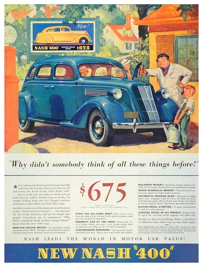 1936 - Nash Sedan Automobile Advertisement - Color Digital Art by John Madison