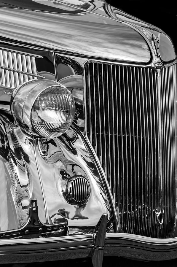 Black And White Photograph - 1936 Ford Stainless Steel Grille -0376bw by Jill Reger