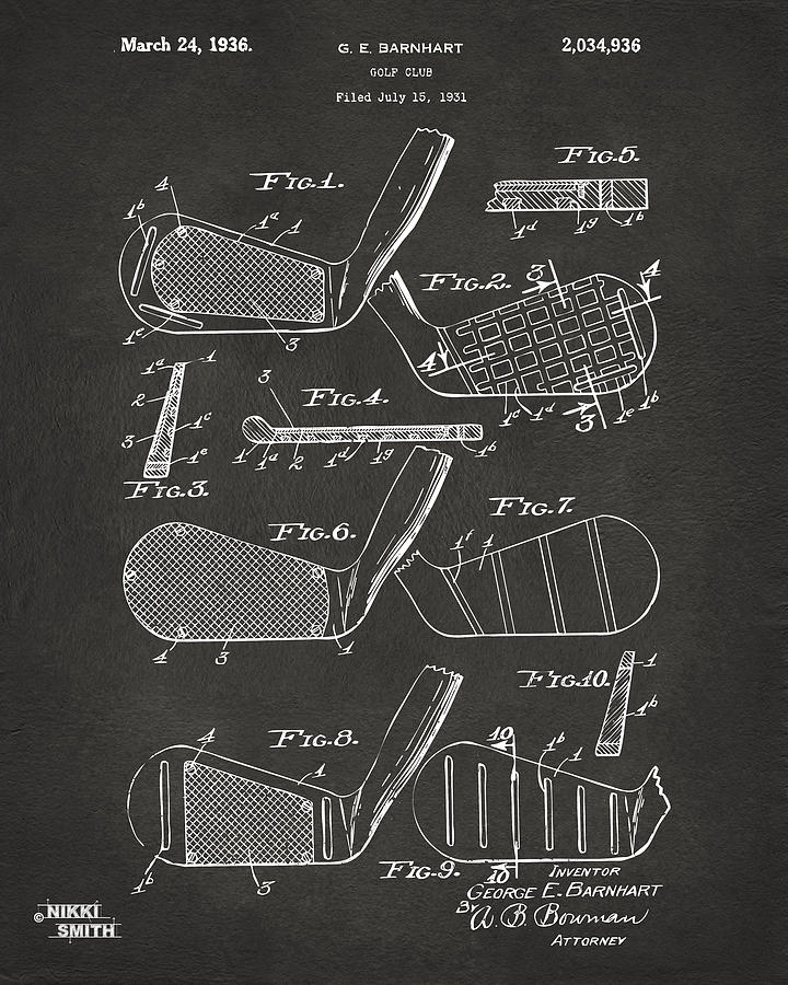 Golf Digital Art - 1936 Golf Club Patent Artwork - Gray by Nikki Marie Smith