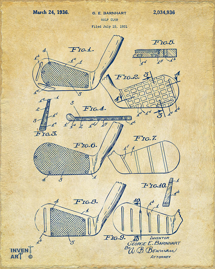 1936 Golf Club Patent Artwork Vintage Digital Art by Nikki Marie Smith