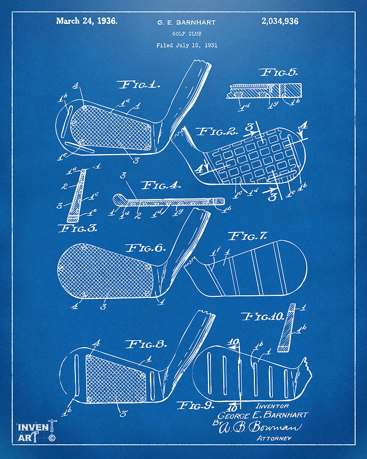 Golf Digital Art - 1936 Golf Club Patent Blueprint by Nikki Marie Smith