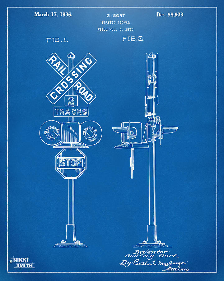 1936 Rail Road Crossing Sign Patent Artwork - Blueprint Digital Art by Nikki Marie Smith