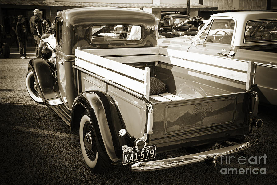 1937 Ford Pickup Truck Bed Classic Car Photograph in Sepia 3312. Photograph by M K Miller