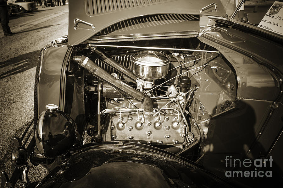 1937 Ford Pickup Truck Classic Car Engine Photograph in Sepia 33 Photograph by M K Miller