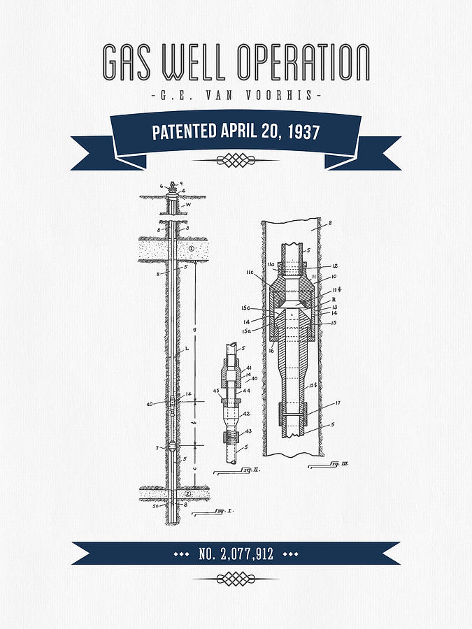 1937 Gas Well Operation Patent Drawing - Retro Navy Blue Digital Art by Aged Pixel 1937 Gas Well Operation Patent Drawing - Retro Navy Blue Digital Art by Aged Pixel