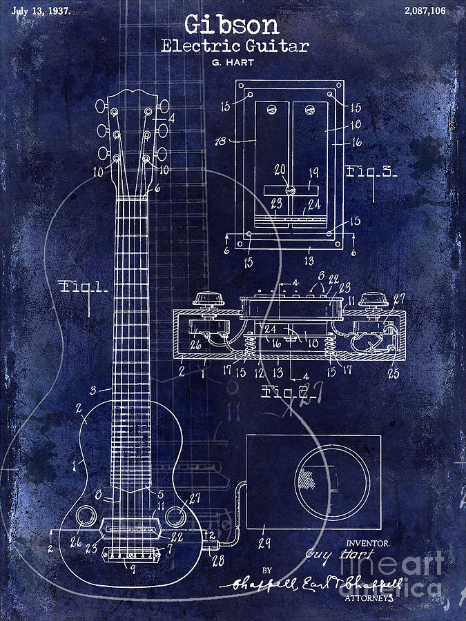 Guitar Still Life Photograph - 1937 Gibson Electric Guitar Patent Drawing Blue by Jon Neidert