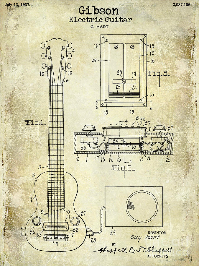 1937 Gibson Electric Guitar Patent Drawing Photograph by Jon Neidert