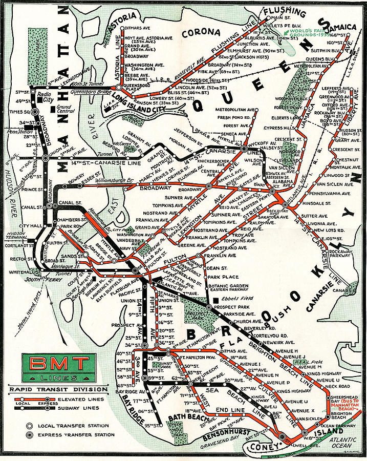 1937 Map Brooklyn Manhattan Transit Photograph by BMT Lines