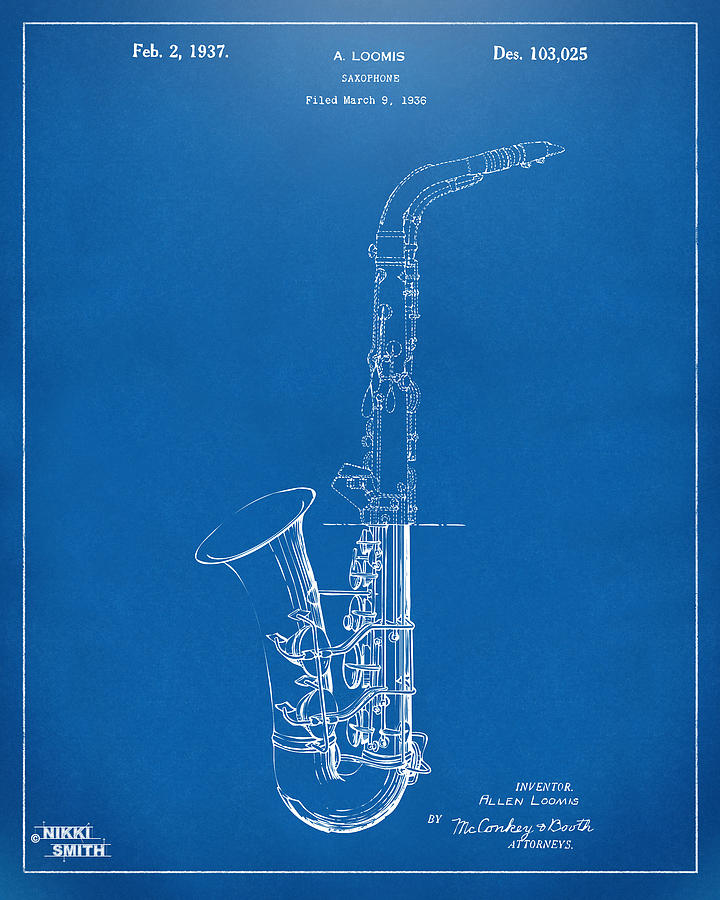 1937 Saxophone Patent Artwork - Blueprint Drawing by Nikki Marie Smith