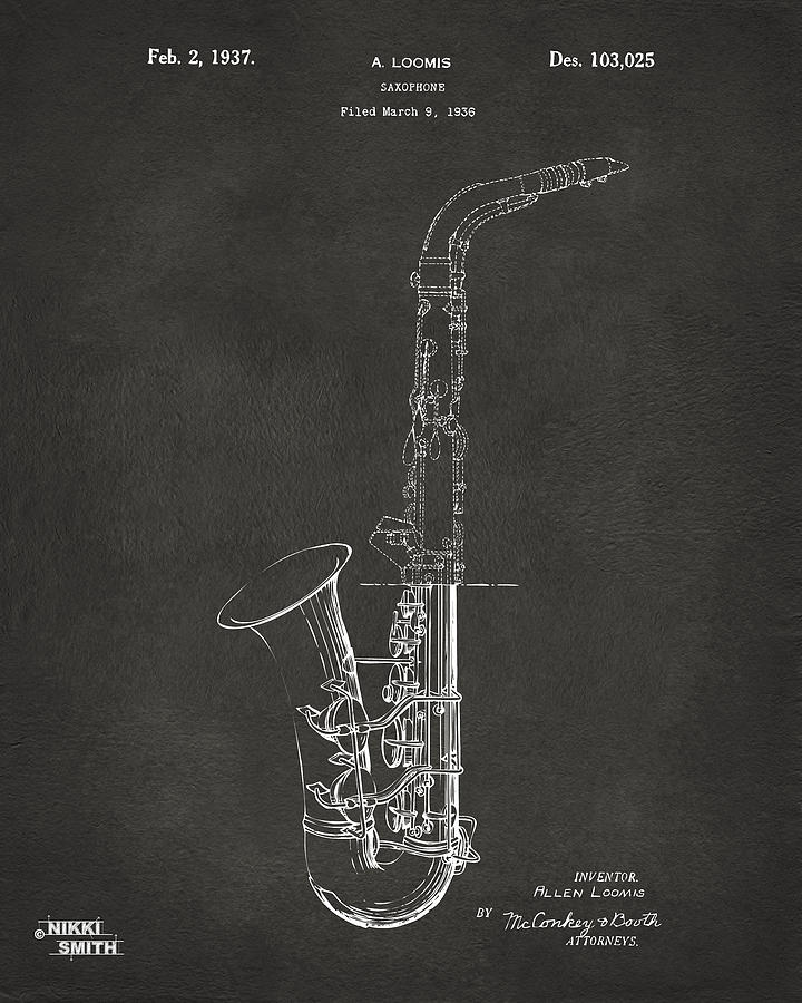 Music Digital Art - 1937 Saxophone Patent Artwork - Gray by Nikki Marie Smith