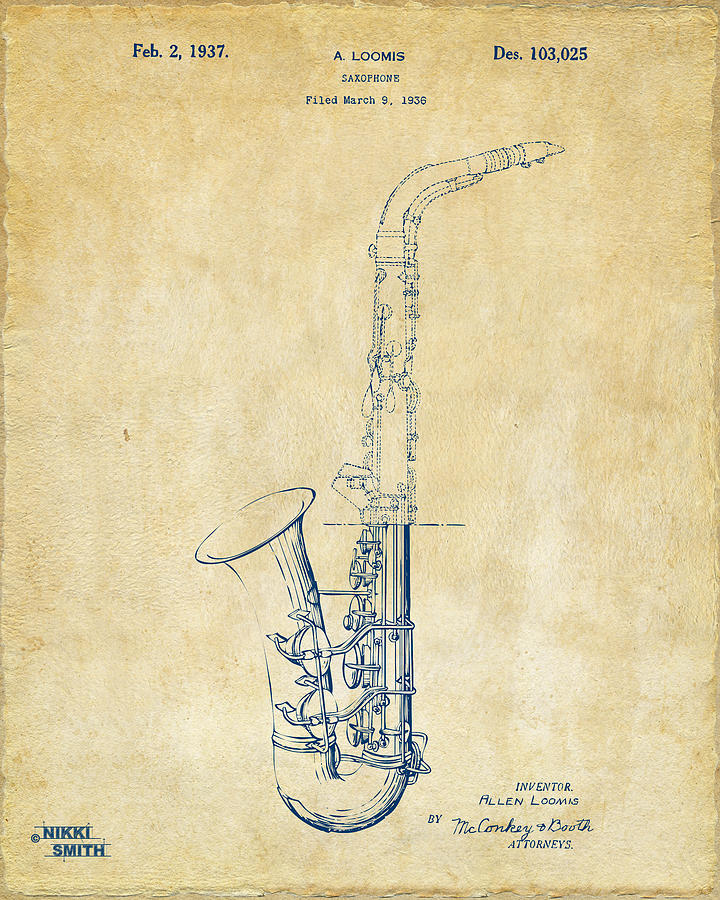 1937 Saxophone Patent Artwork - Vintage Drawing by Nikki Marie Smith