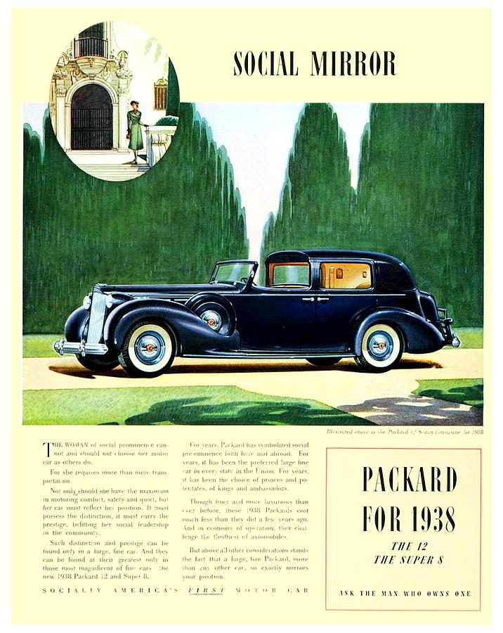 1938 - Packard Limousine 12 and Super 8 Automobile Advertisement - Color Digital Art by John Madison