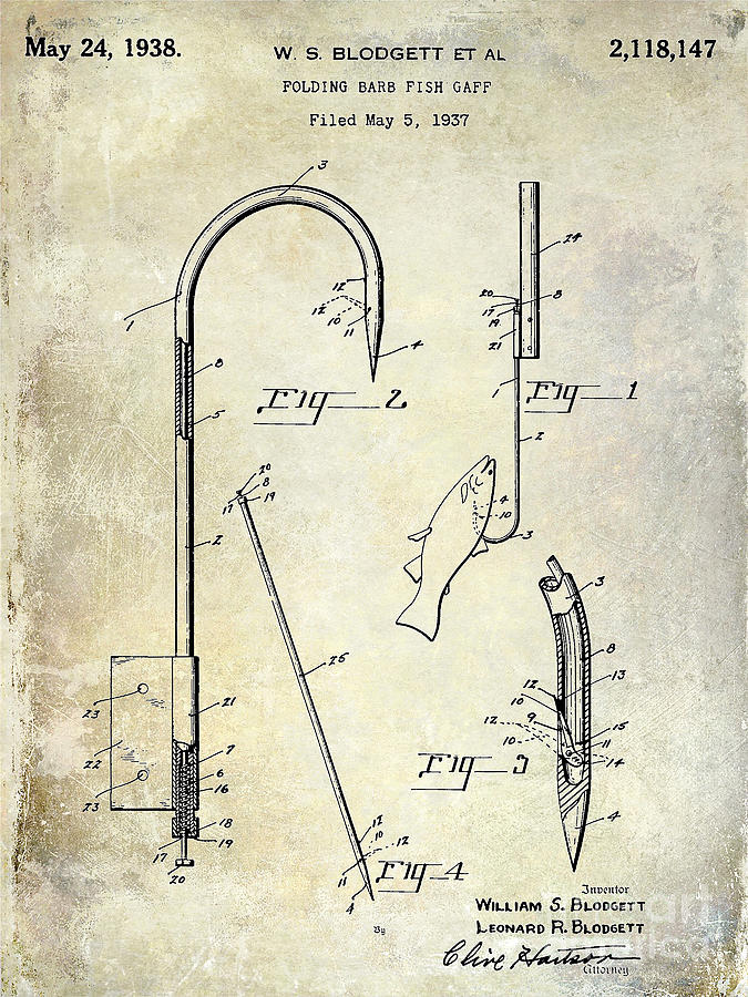 1938 Fishing Gaff Patent Drawing Photograph by Jon Neidert - Pixels