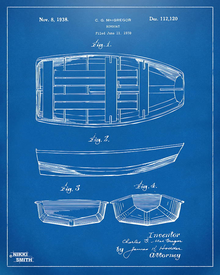 1938 Rowboat Patent Artwork - Blueprint Digital Art by Nikki Marie Smith