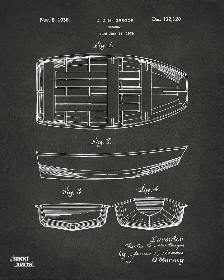 1938 Rowboat Patent Artwork - Gray Digital Art by Nikki Marie Smith