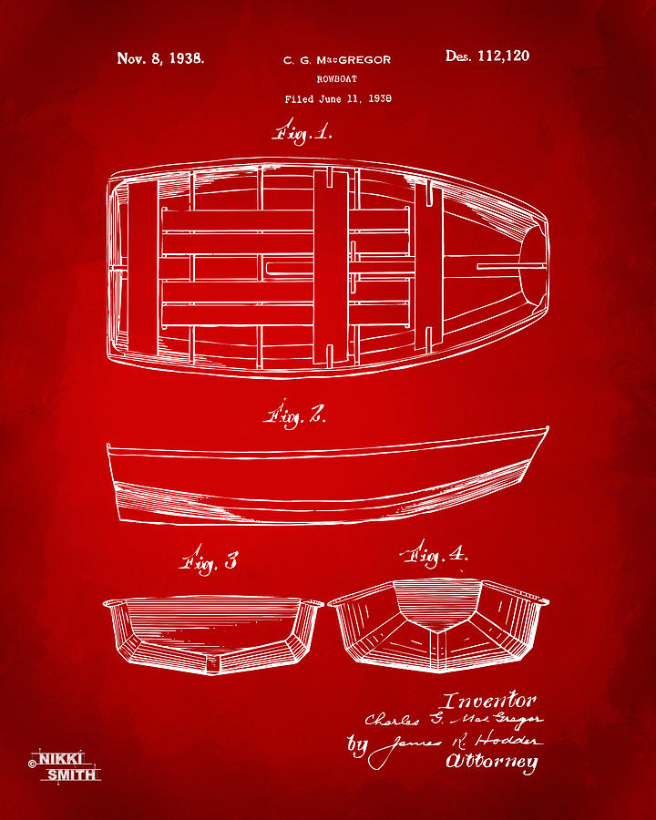 1938 Rowboat Patent Artwork - Red Digital Art by Nikki Marie Smith