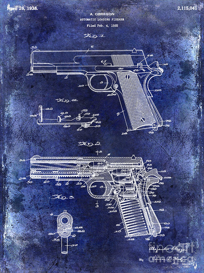 Smith And Wesson Photograph - 1938 Smith and Wesson Firearm Patent Drawing Blue by Jon Neidert
