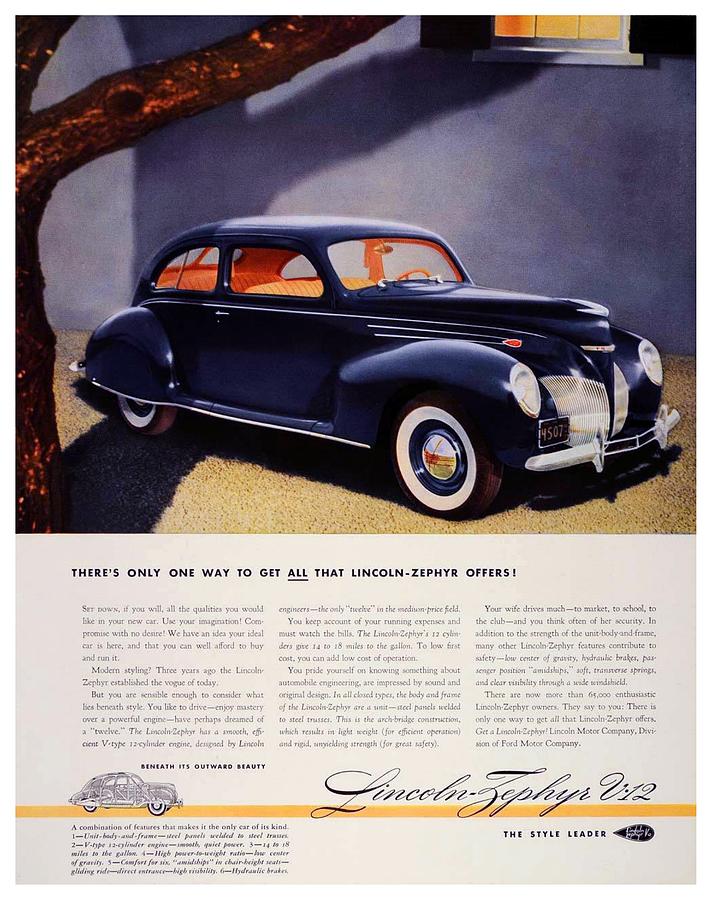 1939 - Lincoln Zephyr V-12 Advertisement - Color Digital Art by John Madison