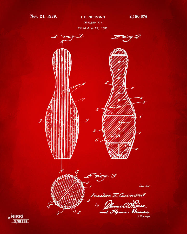 1939 Bowling Pin Patent Artwork - Red Digital Art by Nikki Marie Smith