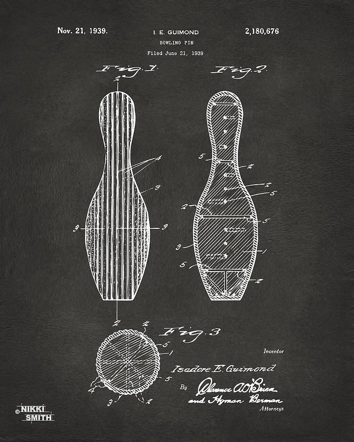 1939 Bowling Pin Patent Artwork - Gray Digital Art by Nikki Marie Smith