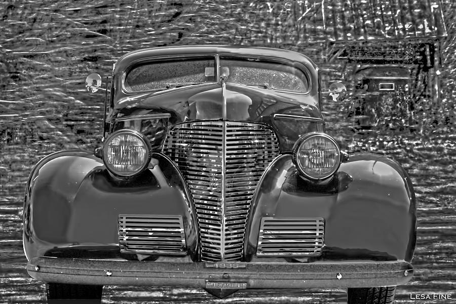 Car Mixed Media - 1939 Chevy Immenent Front BW Art by Lesa Fine