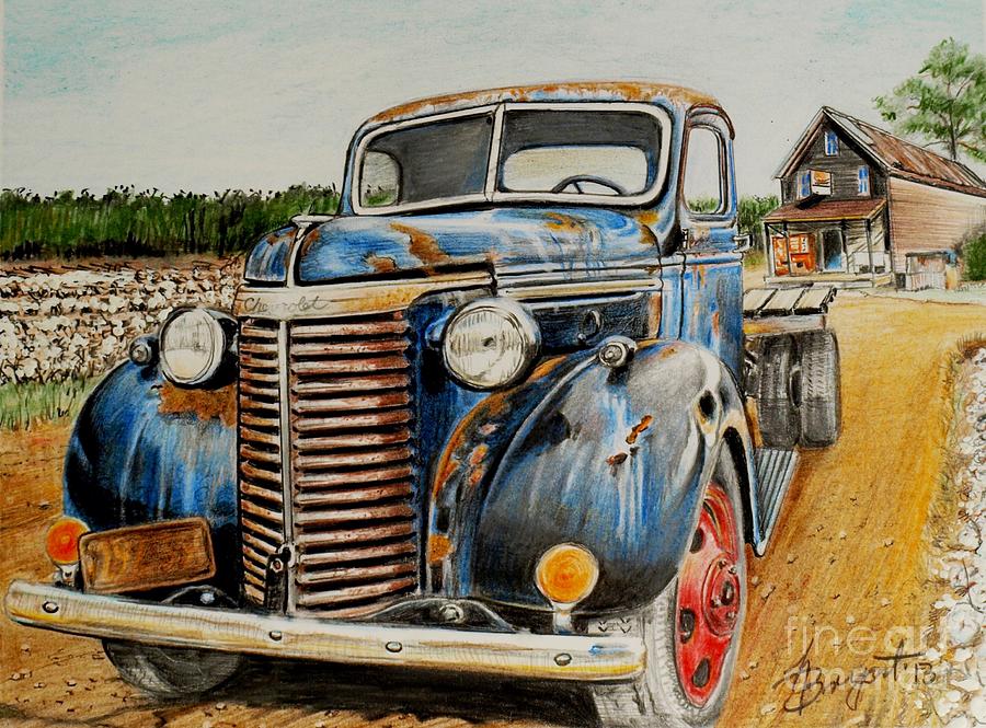 1939 Chevy Truck In A Cotton Field Drawing by Jackie Bryant