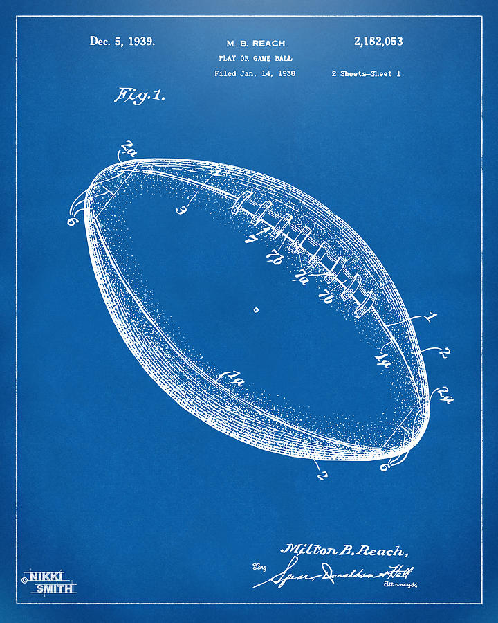 Football Digital Art - 1939 Football Patent Artwork - Blueprint by Nikki Marie Smith