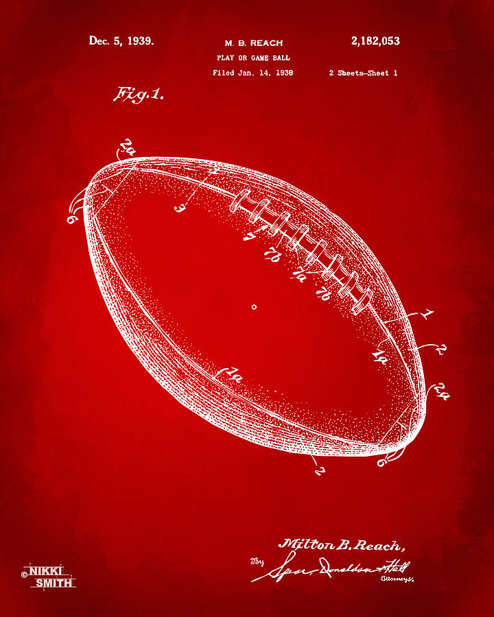 1939 Football Patent Artwork - Red Digital Art by Nikki Marie Smith