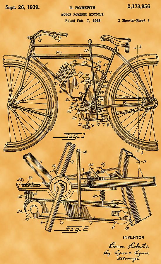 1939 Motor Powered Bicycle Patent Photograph by Michael Porchik
