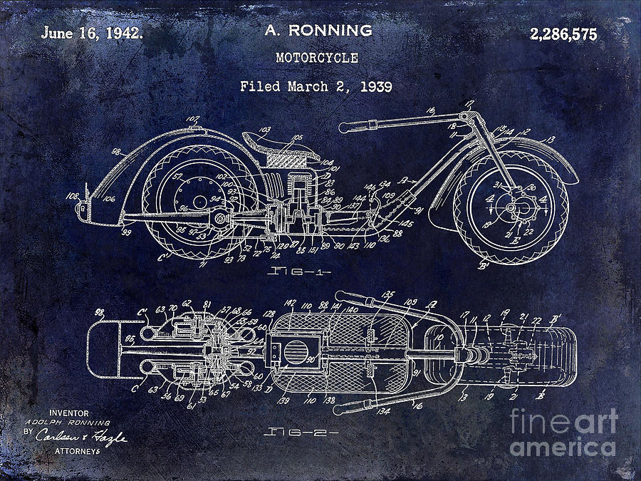 1939 Motorcycle Patent Drawing Blue Photograph by Jon Neidert