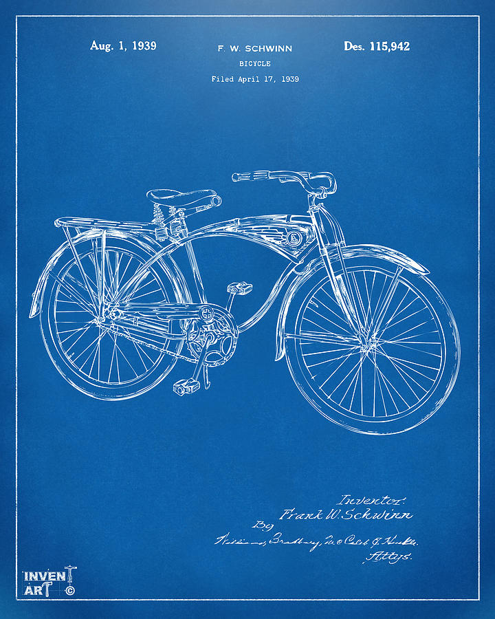 Vintage Digital Art - 1939 Schwinn Bicycle Patent Artwork Blueprint by Nikki Marie Smith
