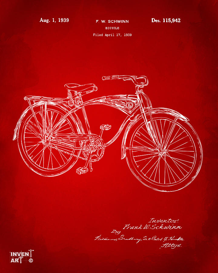 Vintage Digital Art - 1939 Schwinn Bicycle Patent Artwork Red by Nikki Marie Smith