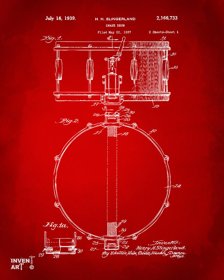 Drum Digital Art - 1939 Snare Drum Patent Red 1939 by Nikki Marie Smith Drum Digital Art - 1939 Snare Drum Patent Red 1939 by Nikki Marie Smith