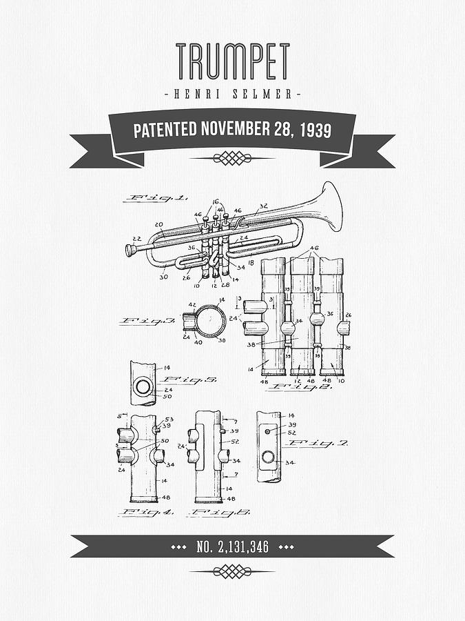 Music Digital Art - 1939 Trumpet Patent Drawing by Aged Pixel