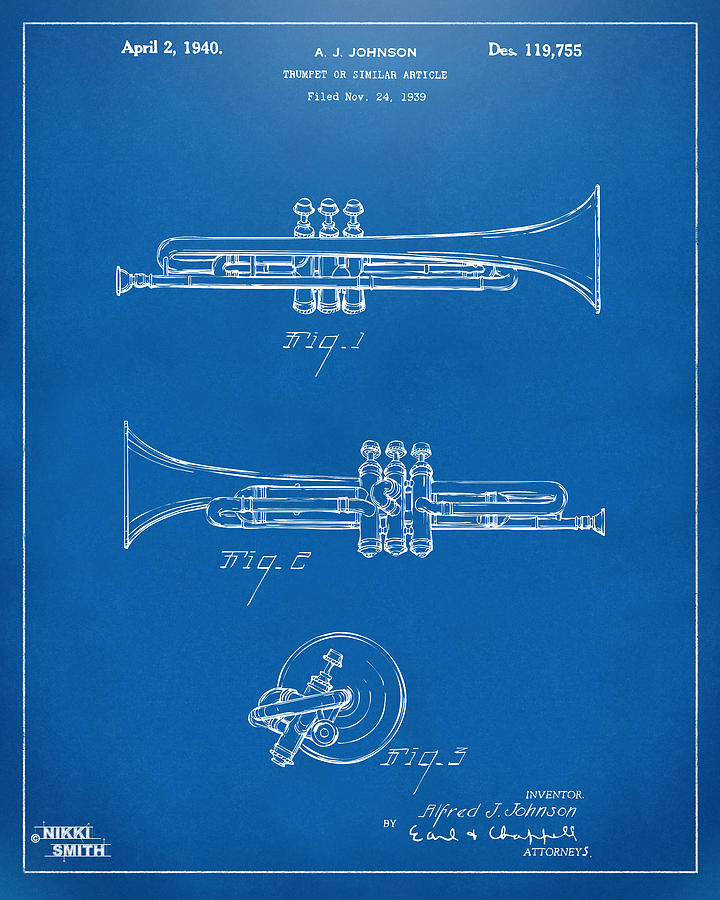 1940 Trumpet Patent Artwork - Blueprint Drawing by Nikki Marie Smith