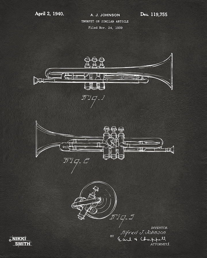 Music Digital Art - 1940 Trumpet Patent Artwork - Gray by Nikki Marie Smith