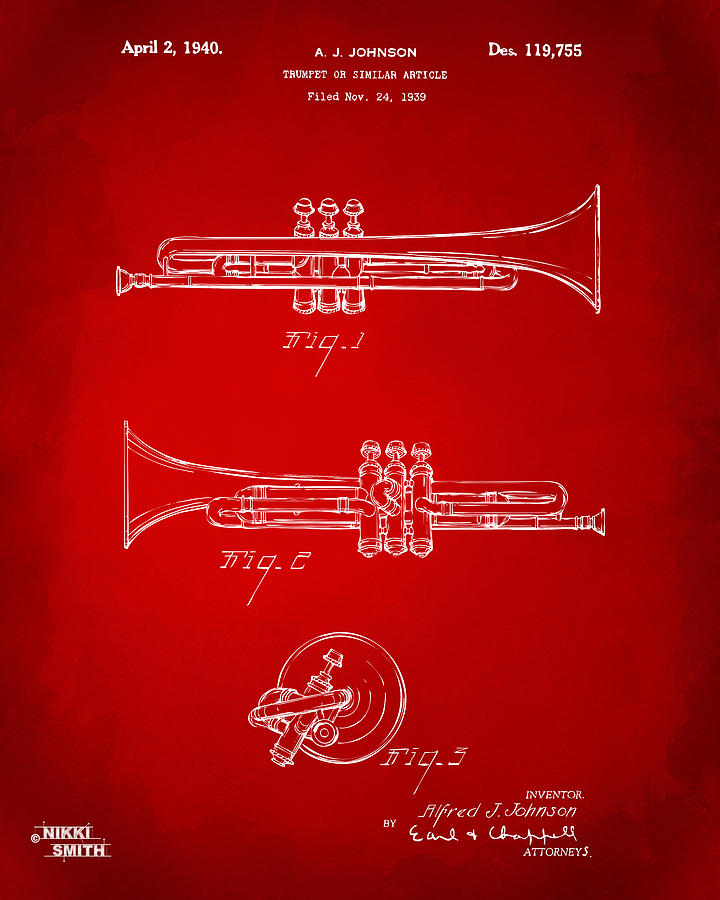 Music Digital Art - 1940 Trumpet Patent Artwork - Red by Nikki Marie Smith