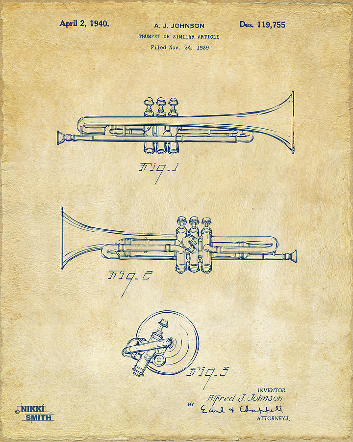 Music Drawing - 1940 Trumpet Patent Artwork - Vintage by Nikki Marie Smith