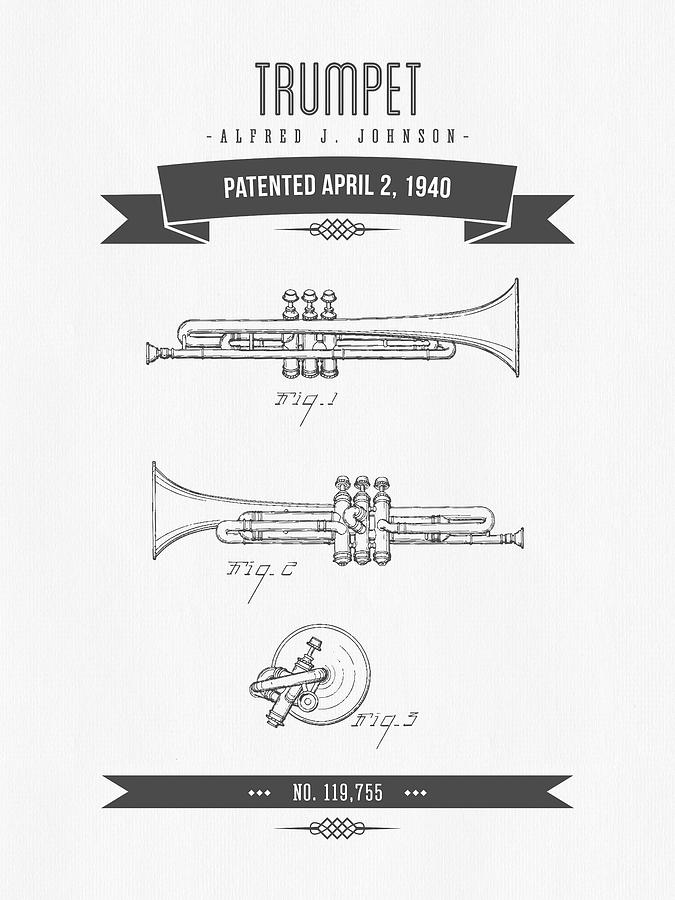 Music Digital Art - 1940 Trumpet Patent Drawing by Aged Pixel