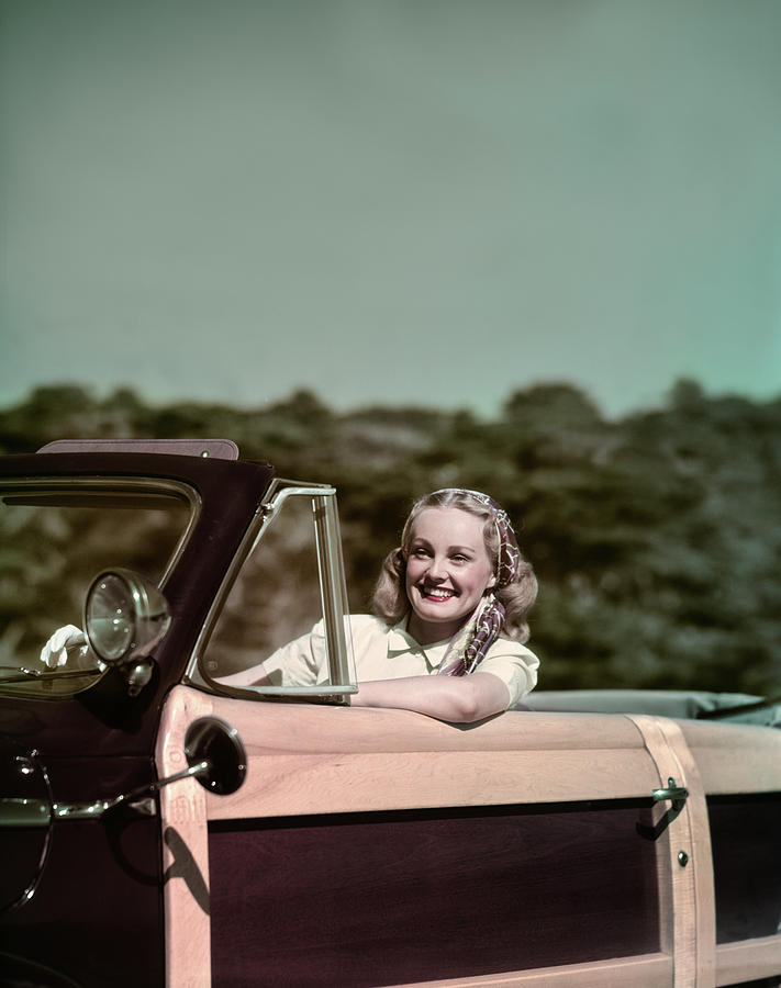 1940s 1950s Smiling Woman Driving 1948 Photograph by Vintage Images