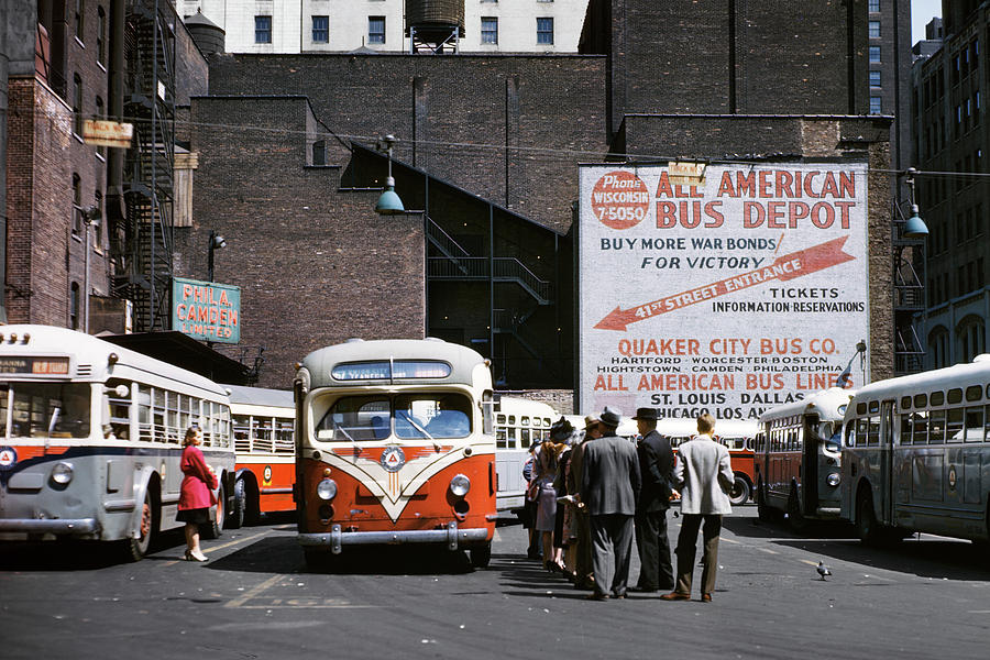 City Photograph - 1940s Buses And Passengers Times Square by Vintage Images