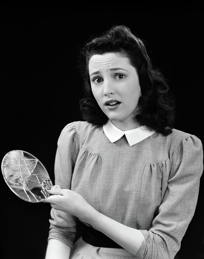 1940s Woman Holding Broken Mirror Photograph By Vintage Images - Fine 