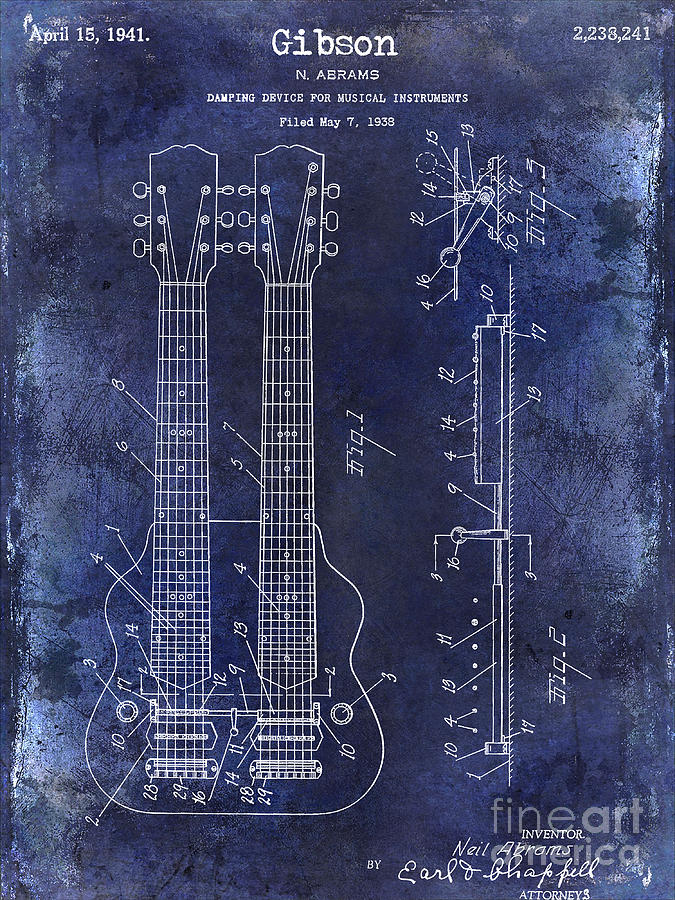 1941 Gibson Electric Guitar Patent Drawing Blue Photograph by Jon Neidert