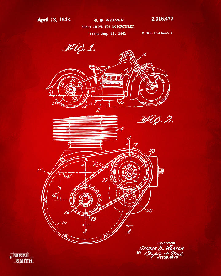 Vintage Digital Art - 1941 Indian Motorcycle Patent Artwork - Red by Nikki Marie Smith