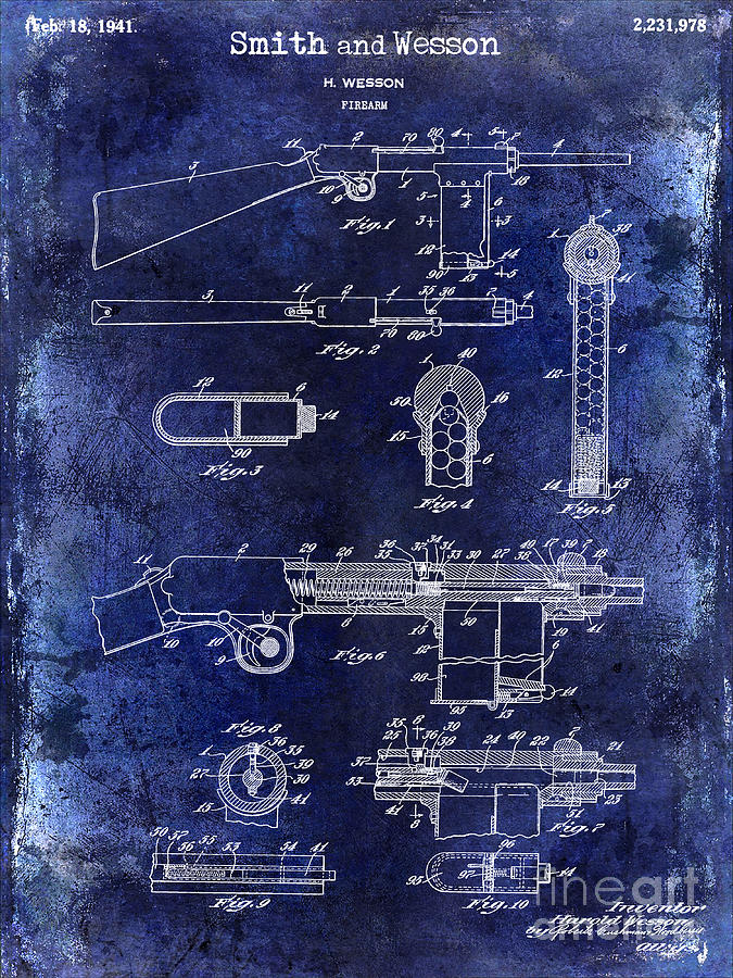 1941 Smith and Wesson Firearm Patent Drawing Blue Photograph by Jon Neidert