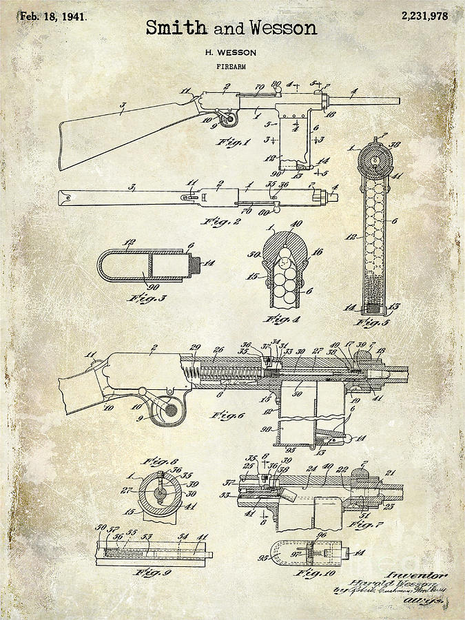 Smith And Wesson Photograph - 1941 Smith and Wesson Firearm Patent Drawing  by Jon Neidert