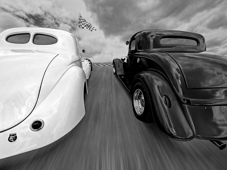 1941 Willys vs 1934 Ford Coupe in Black and White Photograph by Gill Billington