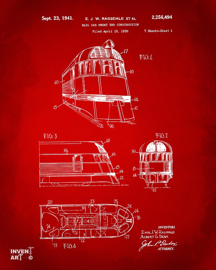 Train Digital Art - 1941 Zephyr Train Patent Red by Nikki Marie Smith