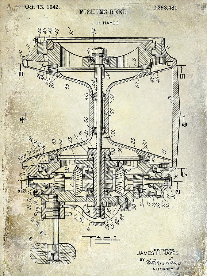 1942 fishing Reel Patent Drawing by Jon Neidert
